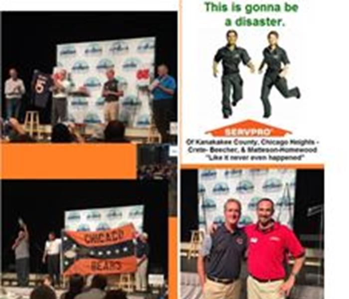 Collage of four photos of people standing on a stage